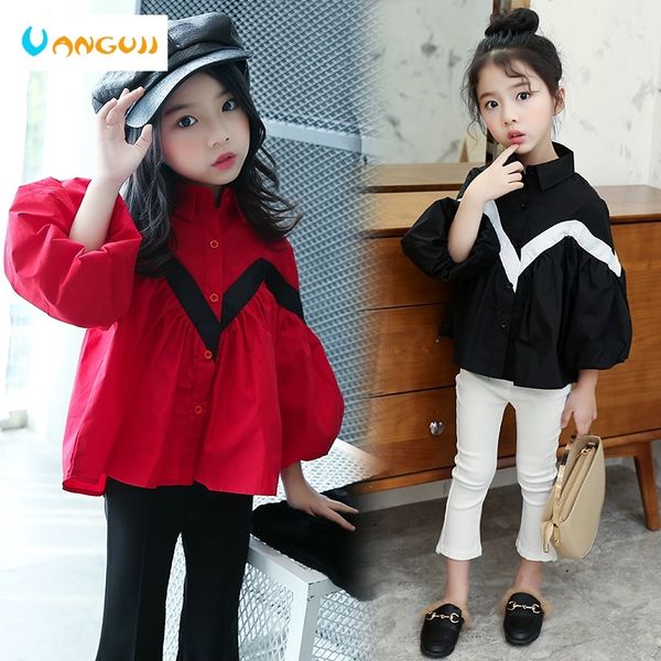 

girls blouse spring and autumn cotton shirts loose casual lantern sleeves pleated hem fashion v-shaped stitching all match y200704, White;black