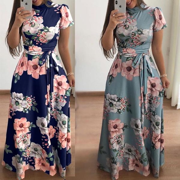 

elegant party dresses women 2020 autumn short/long floral maixi dressvestidos fashion boho high neck belt floor dress, Black;gray
