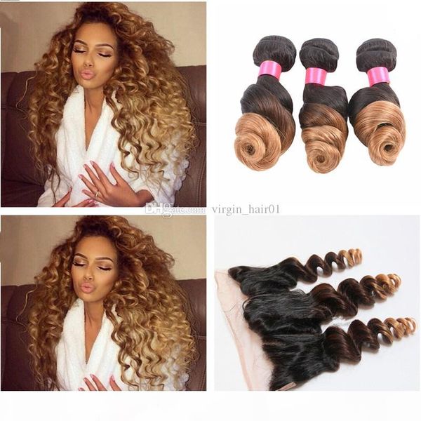 

loose wave honey blonde hair with lace frontal #1b 4 27 three tone lace frontal with bundles brown blonde human virgin brazilian hair, Black;brown