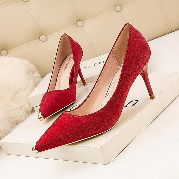 

acilici-5122 fashion banquet women's shoes thin heeled high heel silk fabrics shallow mouth metal pointed slimming pumps, Black