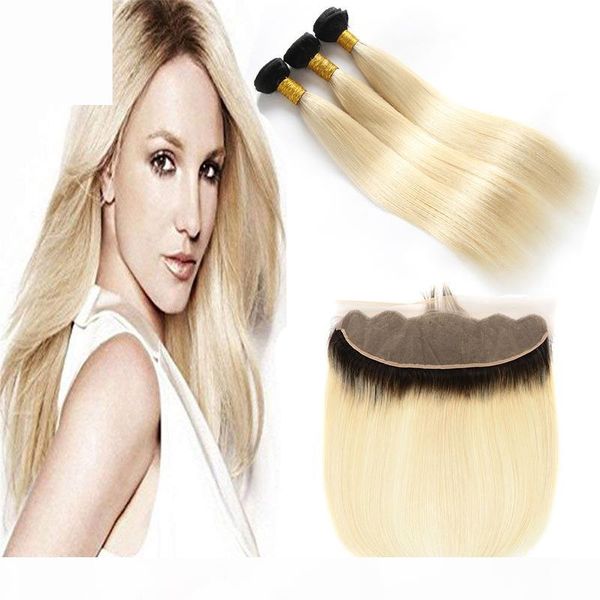 

dark root ombre 1b 613# blonde two tone human hair weft bundles with full frontals honey blonde ombre hair weaves with frontal closure, Black;brown