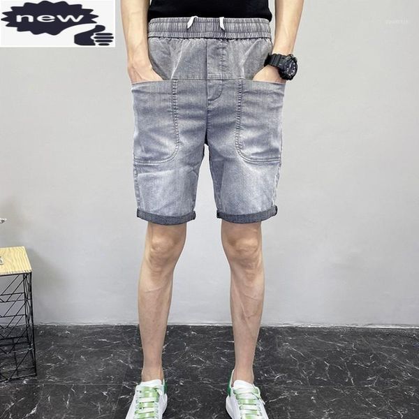 

summer mens denim elastic waist pockets casual knee length beach shorts slim fit streetwear short trousers big size jeans1, Blue