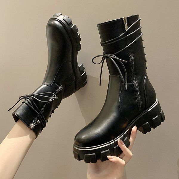 

boots women new 2021 flat heel shoes luxury designer round toe lace up rock rubber ankle med fashion ladies lolita rome pu, Black