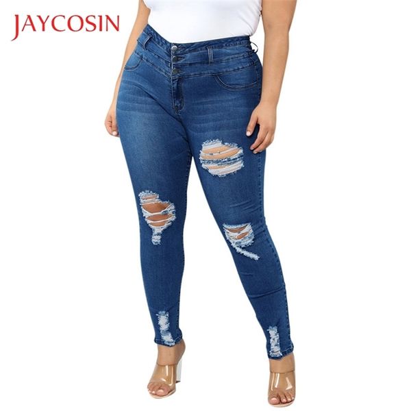 

jaycosin jeans woman plus size 4xl pocket hole denim button zipper high waist pants jean femme ripped jeans for women jeans 87 t200608, Blue