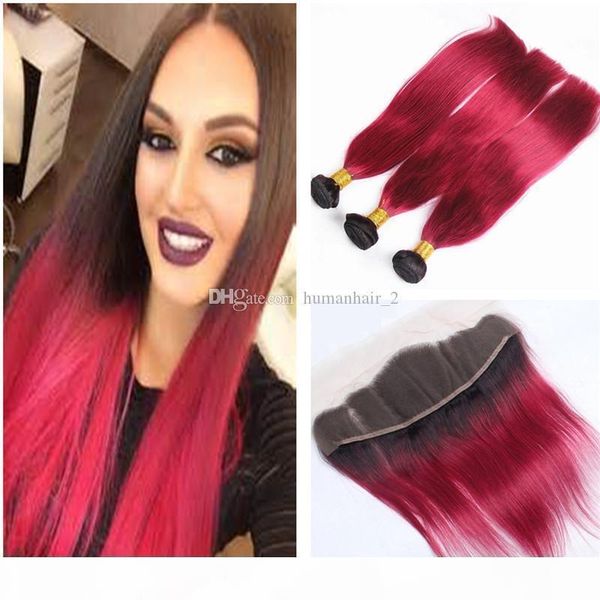 

bright red human hair bundles with lace frontal closure brazilian human virgin straight hair extensions with lace frontal ombre red hair, Black;brown