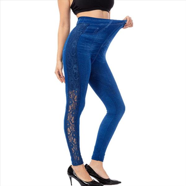 

summer woman legging womens seamless corset imitation denim embroidery print hollow out leggings stretch pants, Black