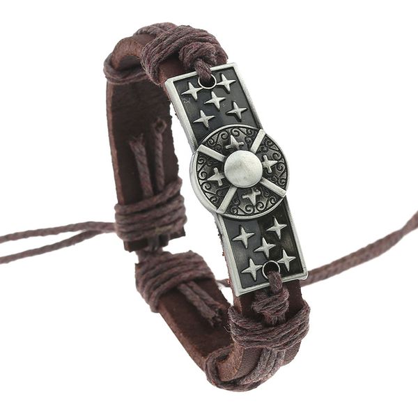 

vintage handcraft braided hemp rope genuine leather bracelets women men religious cross zinc alloy charm cowhide bangles jewelry, Golden;silver