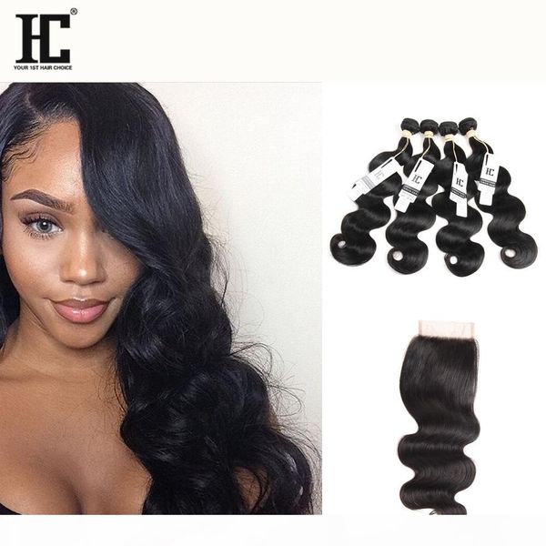 

8a brazilian virgin hair with closure extensions 4 bundles brazilian body wave with 4x4 lace closure unprocessed remy human hair weave, Black