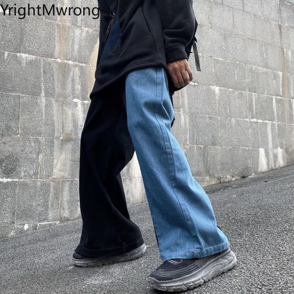 

side button split patchwork contrast blue black denim pant jeans loose straight streetwear japanese men hip hop woman korean new1