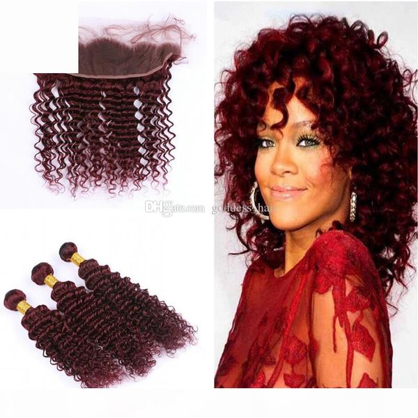 

deep wave 99j hair extension with frontal burgundy middle part 99j ear to ear frontal with deep curly human hair 3bundles, Black;brown