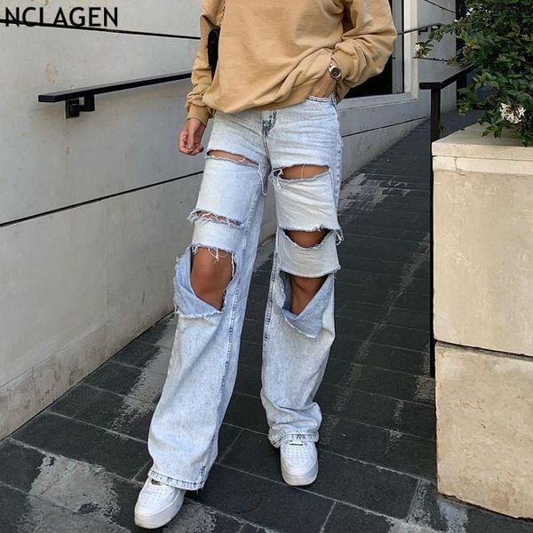 

nclagen 2021 fashion irregular ripped hole streetwear jeans vintage wide leg pants women washed denim trousers chic pantalon, Blue