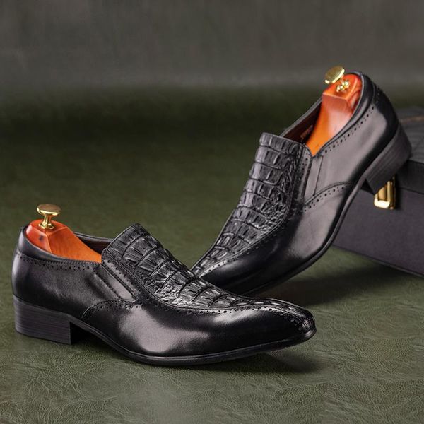 

zgzjywm fashion men comfortable crocodile style genuine leather slip-on pointed toe flats oxfords wedding men shoes, Black