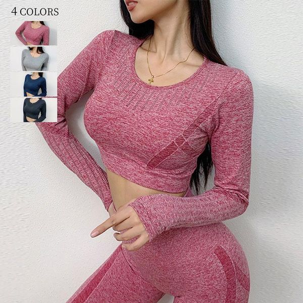 

yoga outfits trans-mesh sports tights fall quick-dry training run navel seamless long-sleeved yoga1, White;red