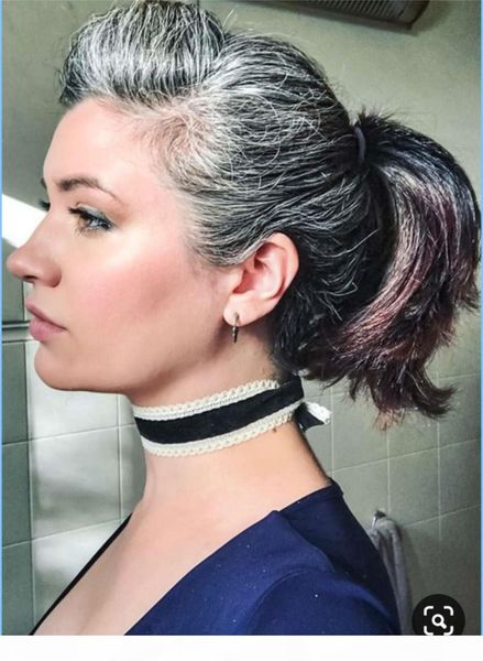 

short high straight grey human hair ponytail hairpiece women silver grey salt and pepper silver hair extension natural highlights 100g 120g, Black