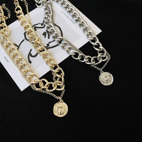 

coin portrait double women's hip hop sweater chain necklaces, Silver