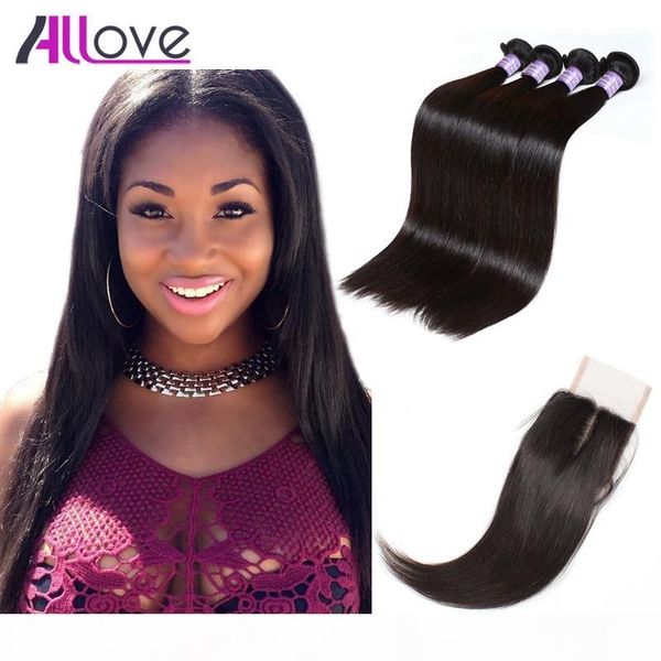 

8a peruvian virgin hair extensions straight 4pcs with 4x4 lace closure brazilian hair bundles with closure wholesale ing, Black