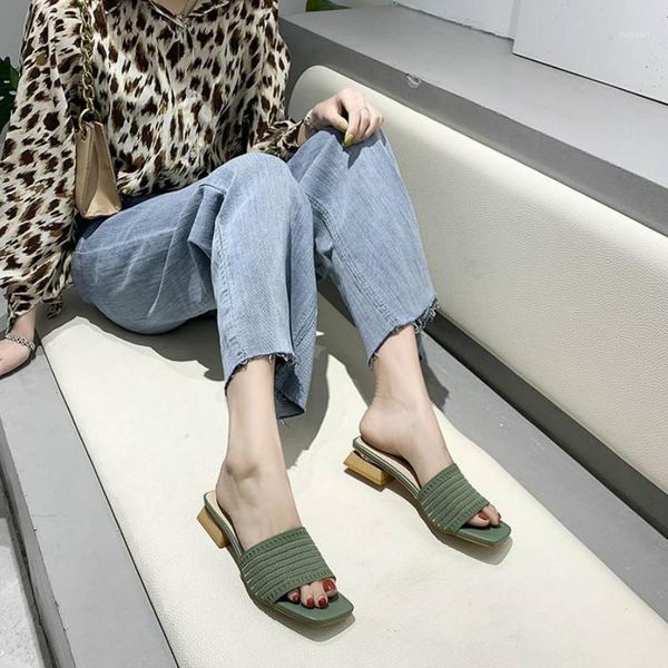 

slippers wood heel breathable knit women stretch fabric low sandals summer candy colors open toe 20211, Black
