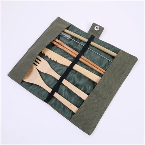 

wooden dinnerware bamboo teaspoon fork soup knife catering cutlery set with cloth bag kitchen cooking tools utensil eea550