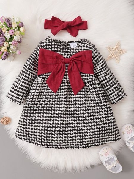 

baby houndstooth print bow front keyhole back dress with headband she, Red;yellow