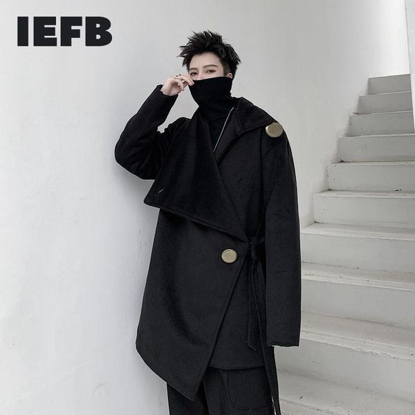 

iefb loose design black woolen coat for men japan streetwear fashion oversize copper buckle irregular woolen coat mens 9y44021