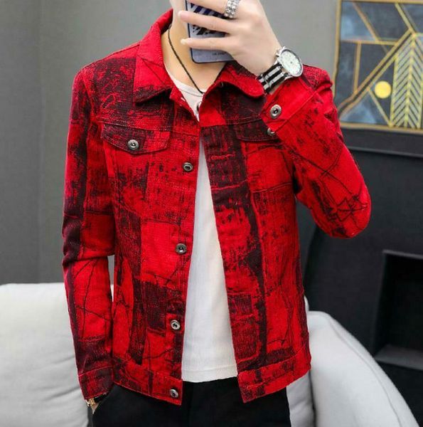 

mens print motorcycle jacket cotton denim jeans coat slim coats youth l022, Black;brown