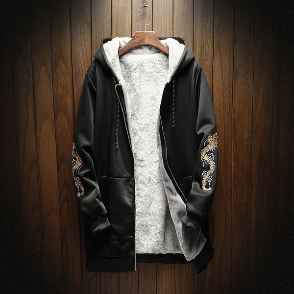 

autumn and winter new chinese style embroidery casual hooded windbreaker large plush cardigan coat men's, Tan;black