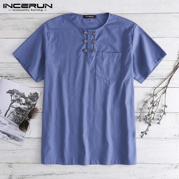 

incerun 2019 vintage casual men shirt pockets button short sleeve loose solid retro camisa cotton shirt men clothes s-5xl1, White;black
