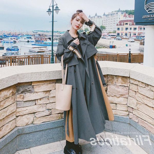 

autumn 2021 korean style loose oversized x-long women trench coat double breasted ladies gray windbreaker fall outwear with belt, Tan;black