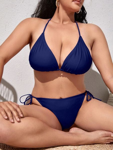

plus solid halter triangle bikini swimsuit 49cy#, Black