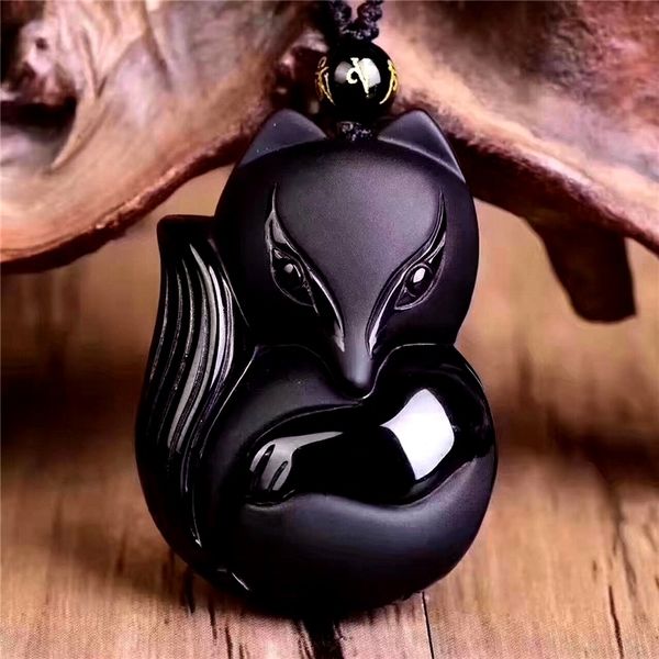 

natural obsidian pendant hand carved fox with chain lucky amulet pendant necklace female male brave fashioncrystal jewelry lover 201014, Silver