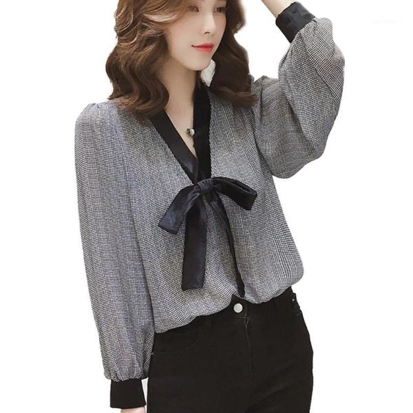 

women casual v neck bowknot long sleeve chiffon blouse shirts tc211, White