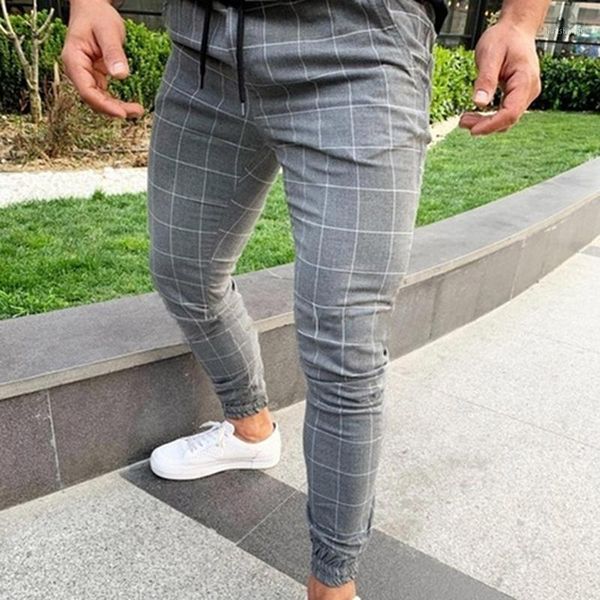 

2020 high wasit spring summer fashion pocket men's slim fit plaid straight leg trousers casual pencil jogger casual pants1, Black