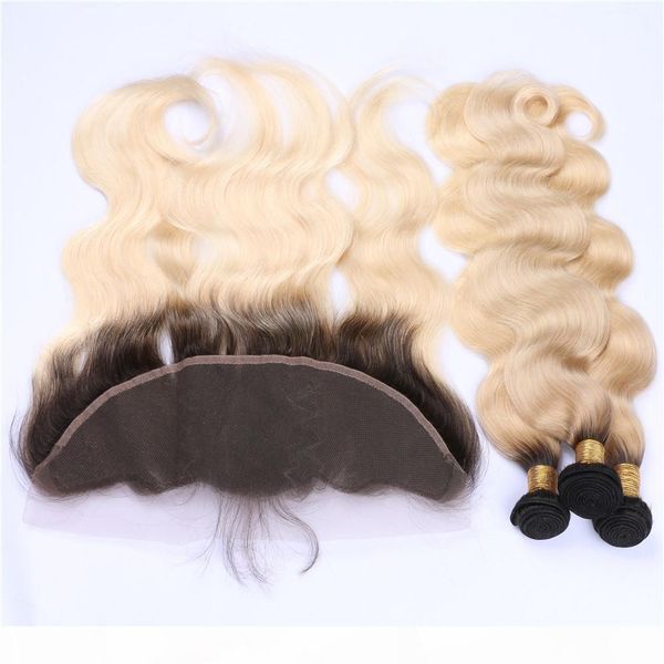 

ombre blonde lace frontal closure with 3bundles indian virgin hair 1b 613 ombre weaves with ear to ear 13x4 full lace frontal, Black;brown