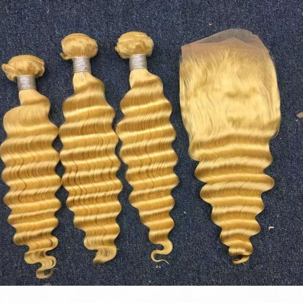 

new arrvial #613 blonde deep wave 3pcs bundles deals with 4x4 lace closure 4pcs lot virgin peruvian blonde human hair weaves with closure, Black;brown