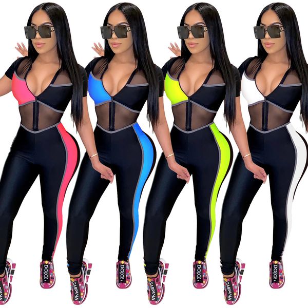 

women jumpsuits slim designer 2021 new mesh perspective leisure one pieces pants contrast stitching ladies fashion rompers, Black;white