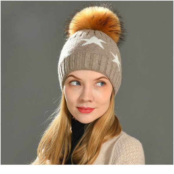 

winter women wool knitted hat caps real raccoon fur pom pom beanies hats knitted cashmere wool caps female skullies qylecu, White