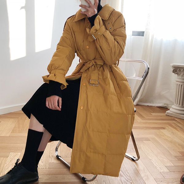 

2021 new warm winter white duck light long jacket turn down collar women coat with belt feminino parkas 60kq, Black