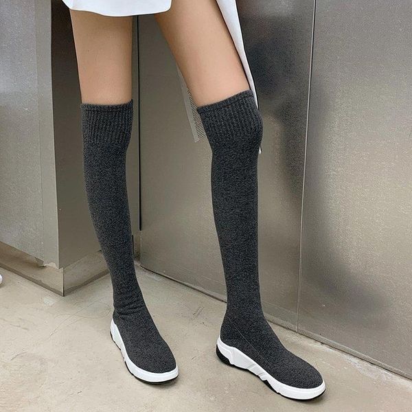 

new autumn 2020 solid color socks boots women flat shoes elastic woven over the knee boots women black socks