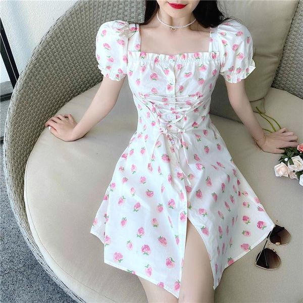 

casual dresses strawberry dress women elegant fairy chiffon mini summer korean japan style kawaii bandage party 2021, Black;gray