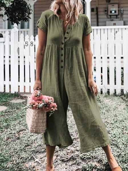 

womens summer solid short sleeve bodysuit loose jumpsuit button casual long pants rompers plus size1, Black;white