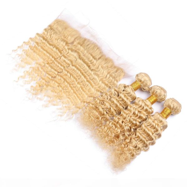 

#613 blonde virgin malaysian deep wave human hair wefts with frontal closure golden blonde 3bundles with ear to ear 13x4 full lace frontal, Black;brown