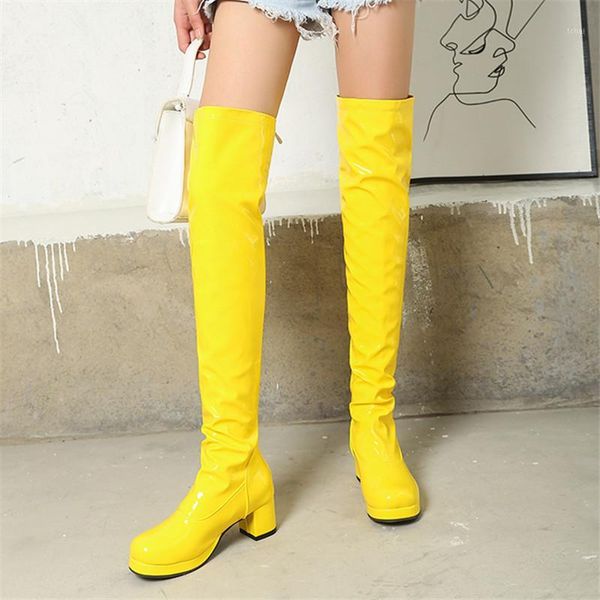 

boots fashion lady patent leather round toe long women black white knee high botas mujer winter warm party woman1