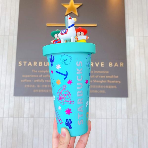 

new starbucks latin america playing singing bear straw coffee cup 550ml stainless steel blue vacuum cup for out door sport accompanying cup
