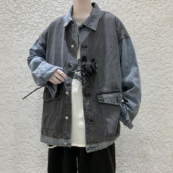 

retro denim jacket men's fashion contrast color casual denim jacket men streetwear wild loose hip-hop bomber men s-3xl, Black;brown