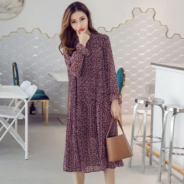 

spring and autumn new dress women's 2020 mid-length dress dressskirt dressloose slimming long sleeve floral chiffon pleated base skirt, Black;gray