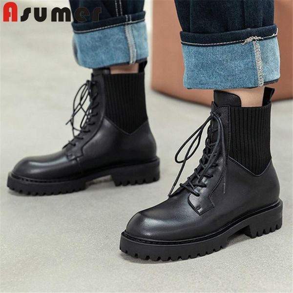 

boots asumer 2021 arrive ankle women genuine leather footwear lace up autumn winter comfortable low heel casual shoes woman, Black