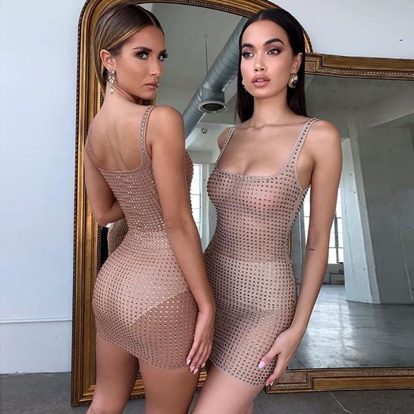 

european and american new women's solid color fashion diamond tube see-through backless slim dress306, Black;gray
