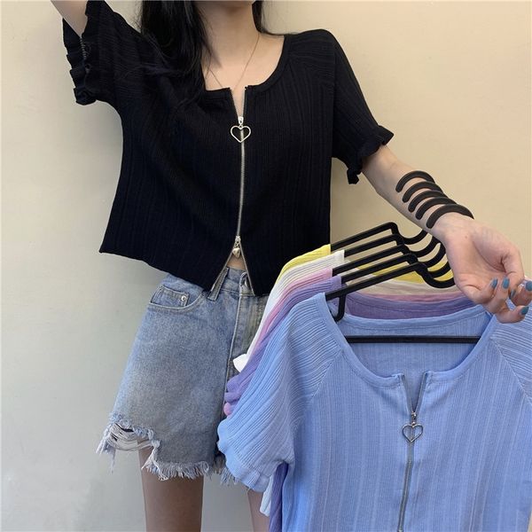 

summer korean slim fit and versatile simple style short zipper short sleeve t-shirt zippert-shirt zipperwomen's qbk9a, White;black