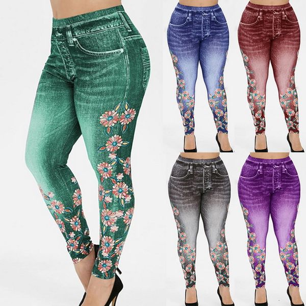 

oeak autumn women cotton flowers printed hip up woman jeggings bright color ladies fake jeans blue leggings 2020