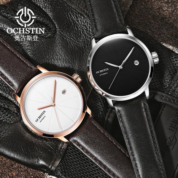 

wristwatches ochstin automatic mechanical watches men watch date sports male clock simple style leather skeleton wrist watch1, Slivery;brown